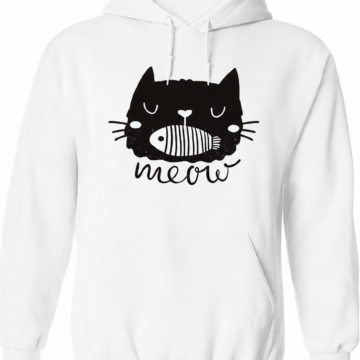 White Pullover Hoodie with Black Cat Graphic