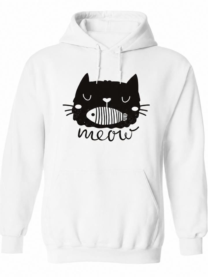 White Pullover Hoodie with Black Cat Graphic