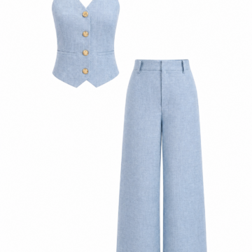 Light Blue Halter Vest and Wide-Leg Trousers Two-Piece Set