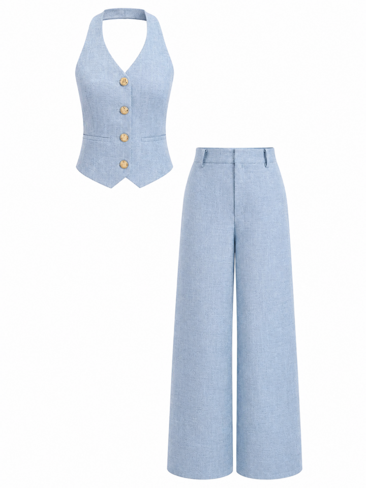 Light Blue Halter Vest and Wide-Leg Trousers Two-Piece Set