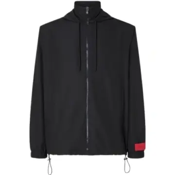 Black Zip-Up Hooded Lightweight Jacket with Red Patch