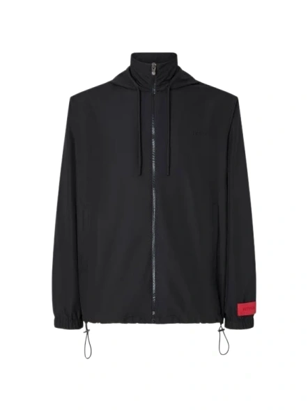 Black Zip-Up Hooded Lightweight Jacket with Red Patch