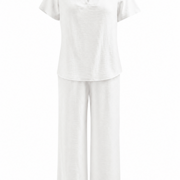 White Two-Piece Set with Cutout Shoulder Top and Wide-Leg Pants