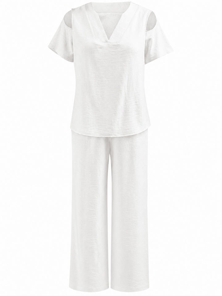 White Two-Piece Set with Cutout Shoulder Top and Wide-Leg Pants