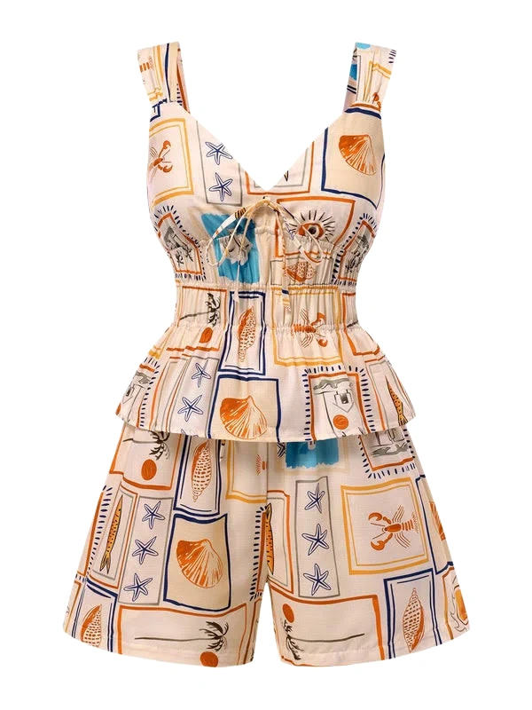 Cream Floral Two-Piece with High-Waisted Shorts