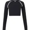 Black Cropped Long-Sleeve Top with White Piping