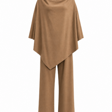 Camel Brown Two-Piece Set with Cowl Neck Top and Flare Pants