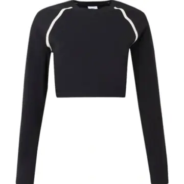 Black Cropped Long-Sleeve Top with White Piping