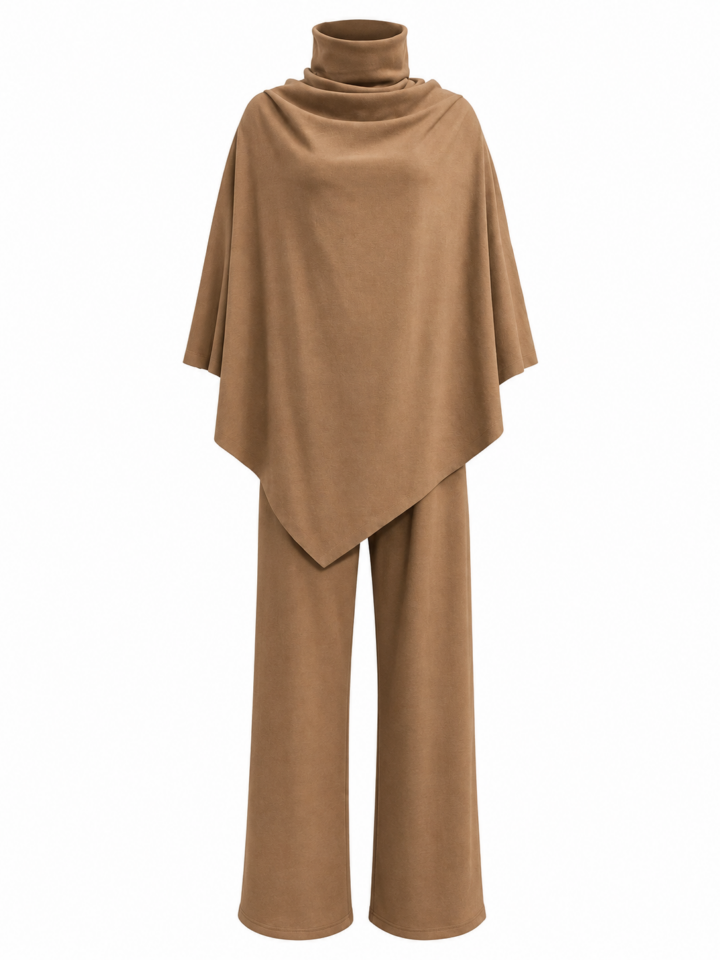 Camel Brown Two-Piece Set with Cowl Neck Top and Flare Pants