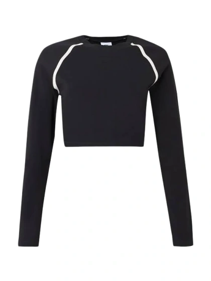 Black Cropped Long-Sleeve Top with White Piping