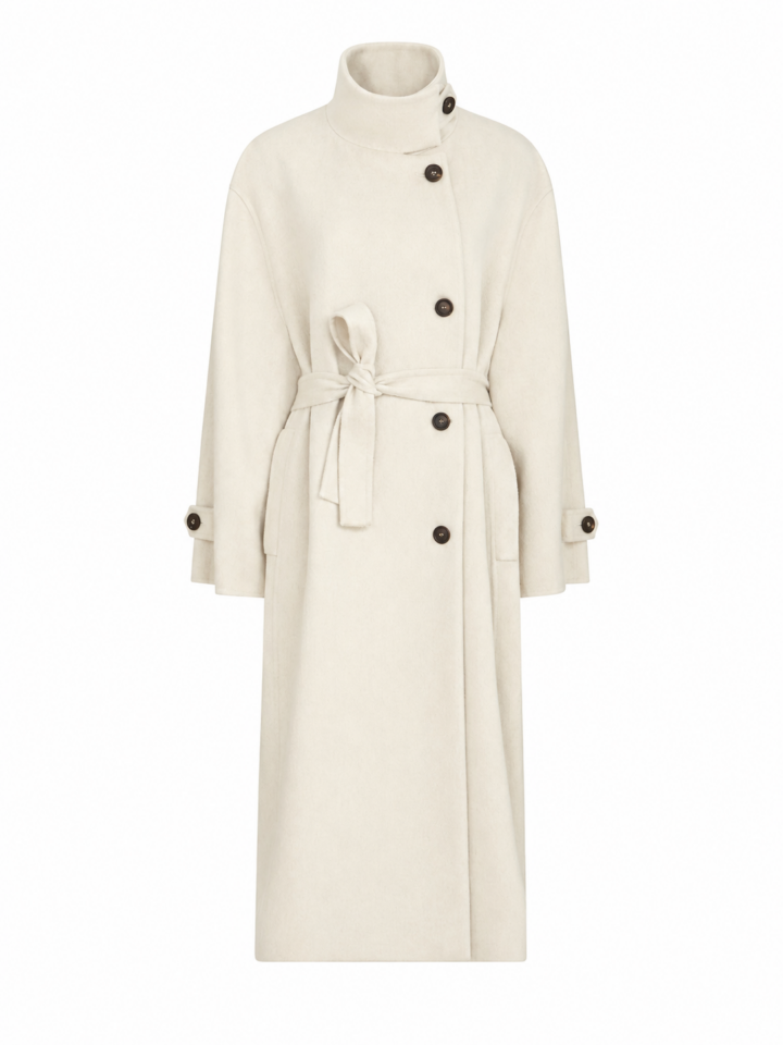 Ivory Longline Funnel Neck Coat with Belt