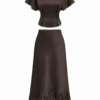 Dark Brown Flutter Sleeve Crop Top and Lace Trim Midi Skirt Set