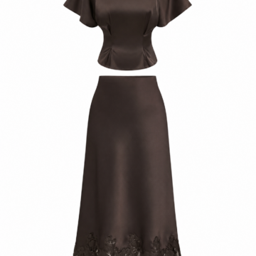 Dark Brown Flutter Sleeve Crop Top and Lace Trim Midi Skirt Set