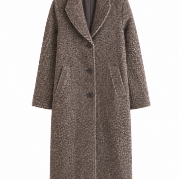 Brown and Cream Herringbone Longline Coat with Rounded Notch Lapel