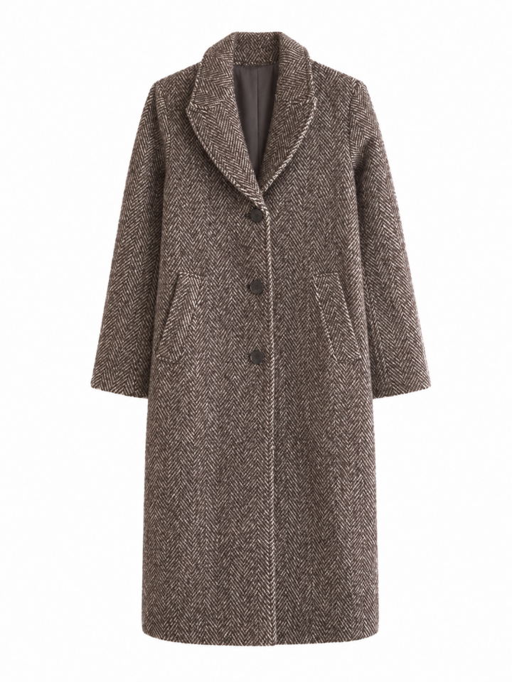 Brown and Cream Herringbone Longline Coat with Rounded Notch Lapel