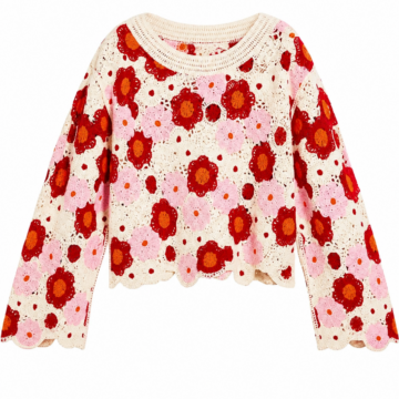 Cream Floral Crochet Sweater with Bell Sleeves