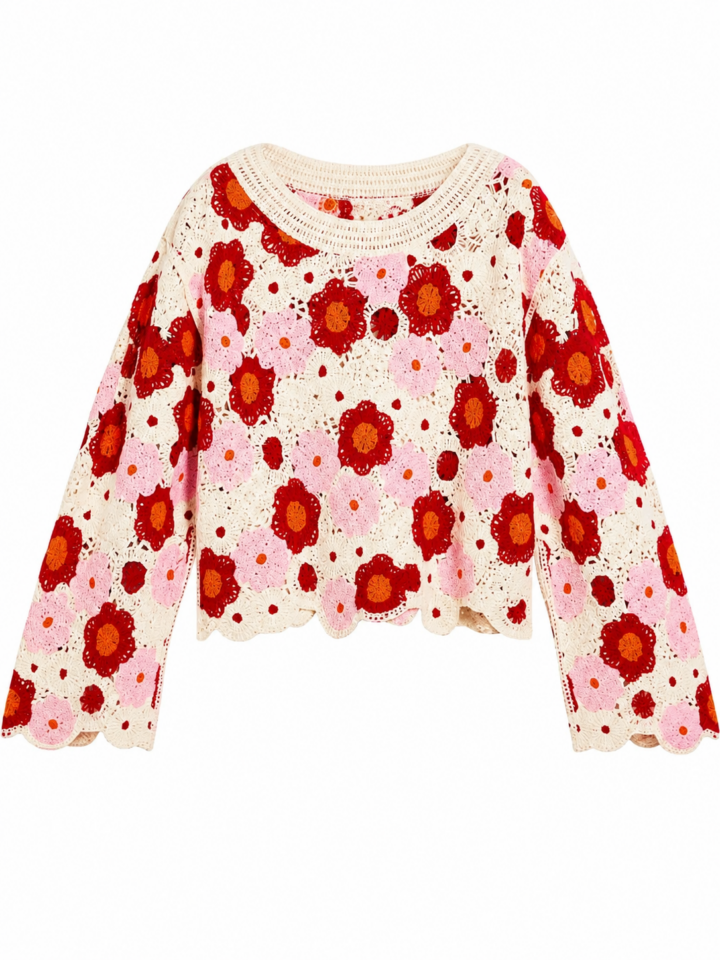 Cream Floral Crochet Sweater with Bell Sleeves