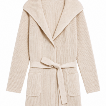 Ivory Ribbed Knit Cardigan with Shawl Collar and Self-Tie Belt