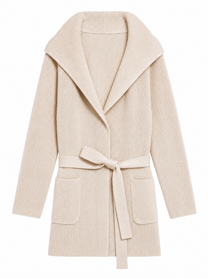 Ivory Ribbed Knit Cardigan with Shawl Collar and Self-Tie Belt