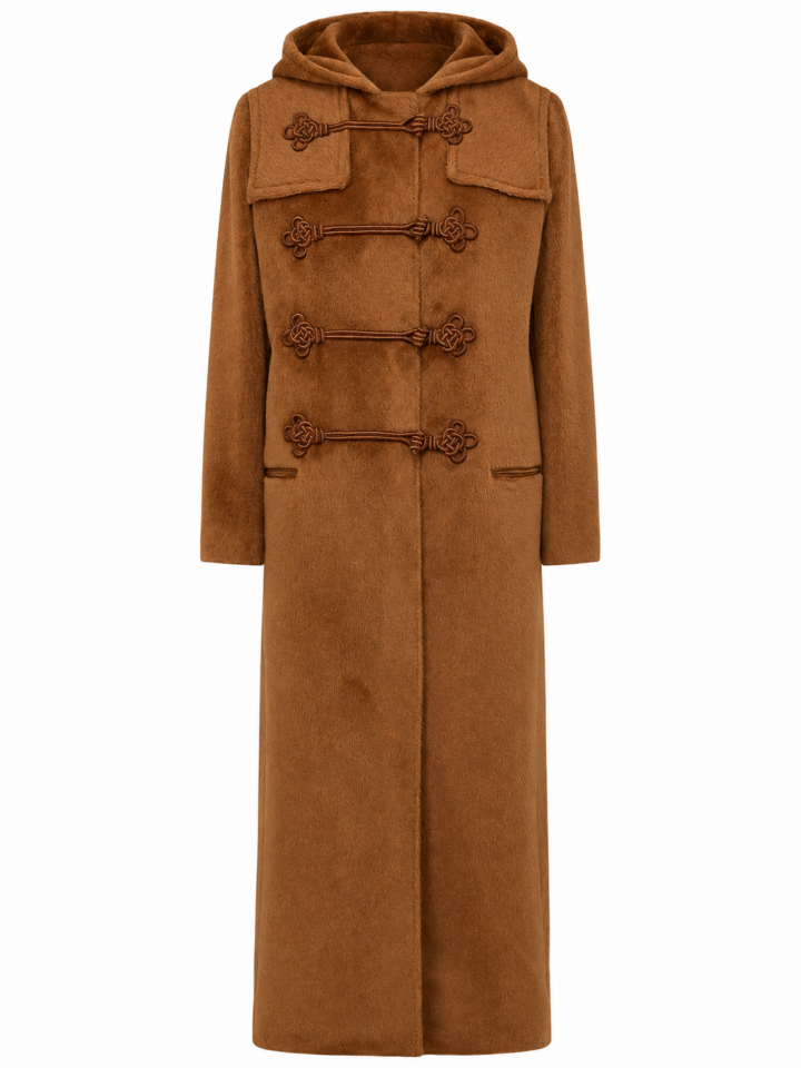 Camel Brown Longline Hooded Duffle Coat
