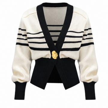 Cream and Black Striped Cropped Knit Cardigan with Bishop Sleeves
