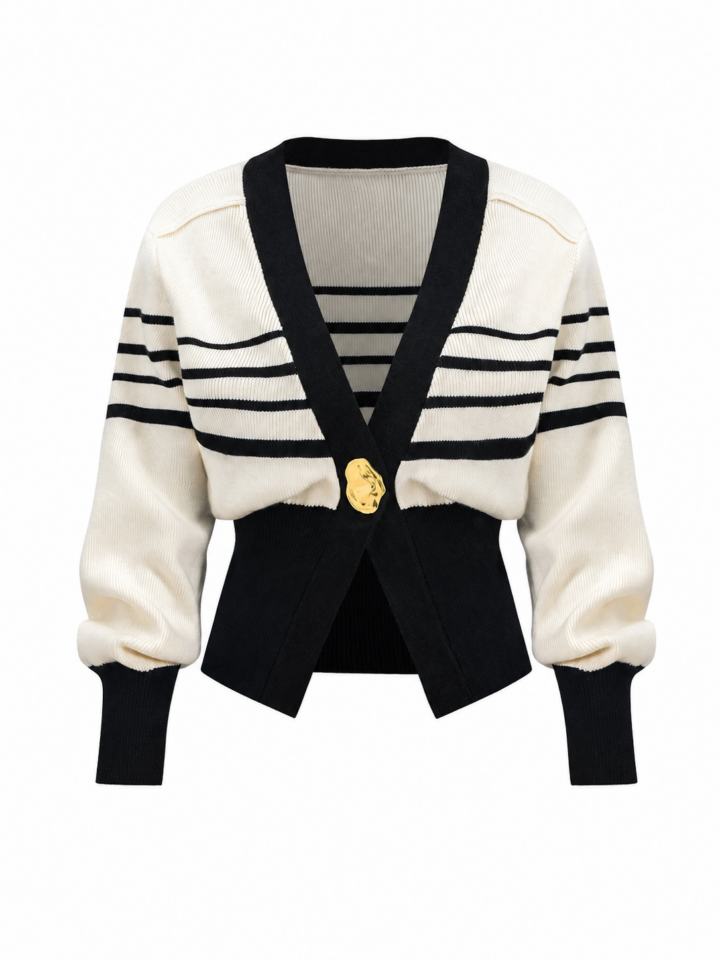 Cream and Black Striped Cropped Knit Cardigan with Bishop Sleeves