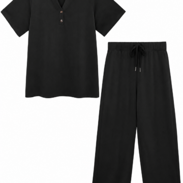 Black Two-Piece Lounge Set with Short-Sleeve Top and Wide-Leg Pants