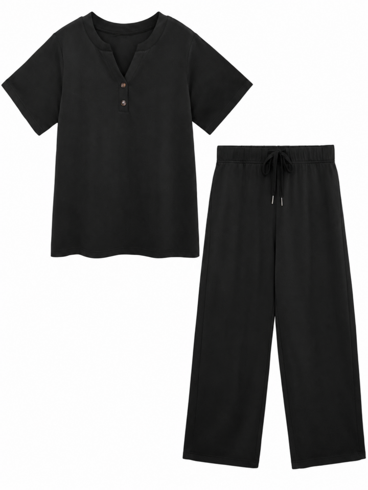 Black Two-Piece Lounge Set with Short-Sleeve Top and Wide-Leg Pants
