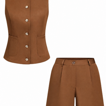 Brown Fitted Vest and High-Waisted Shorts Two-Piece Set