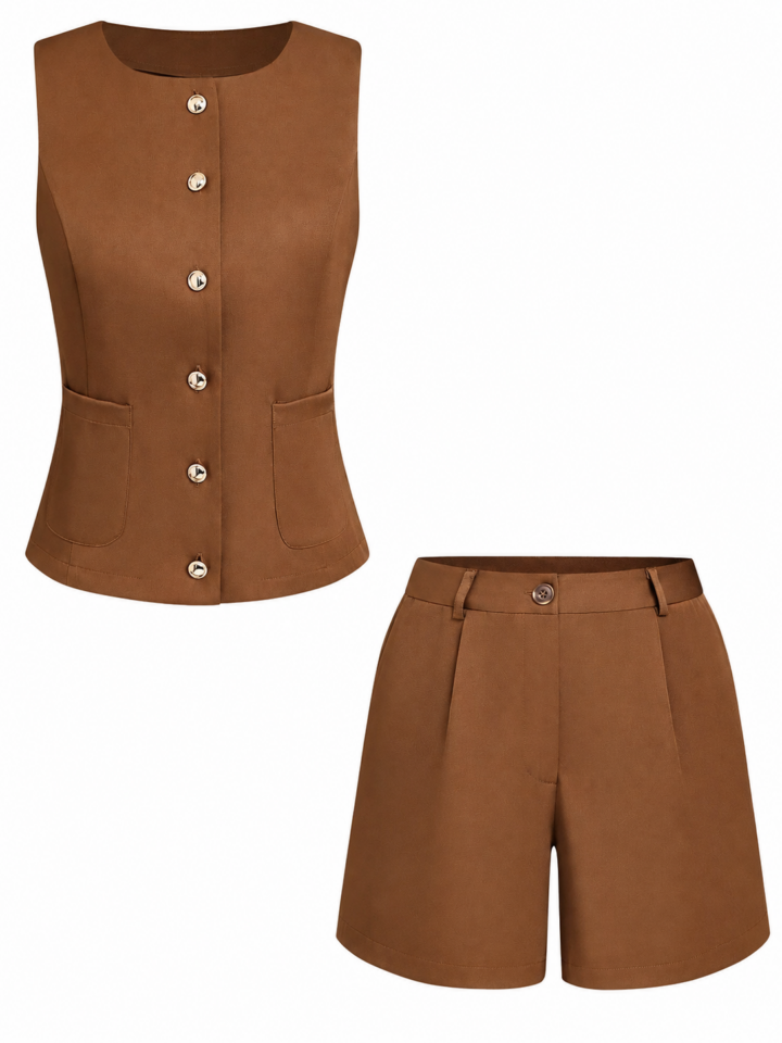 Brown Fitted Vest and High-Waisted Shorts Two-Piece Set