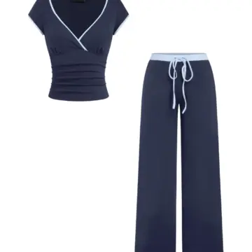 Navy Blue V-Neck Top with Contrast Piping and Wide-Leg Pants Set