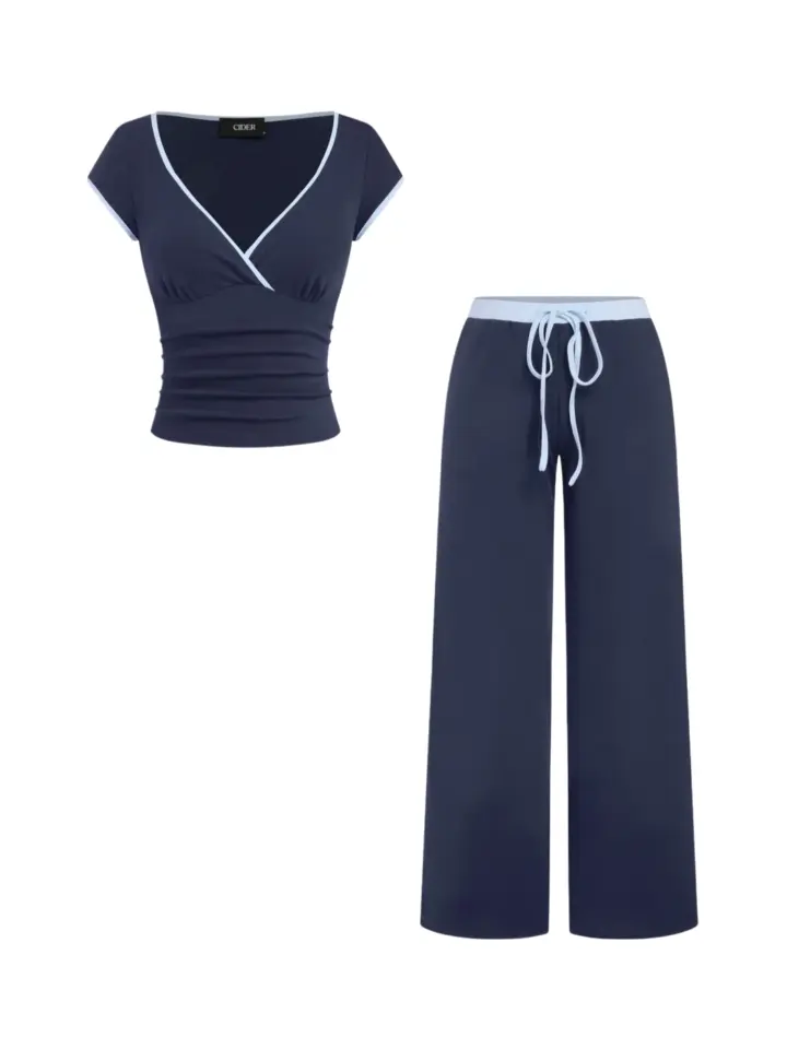 Navy Blue V-Neck Top with Contrast Piping and Wide-Leg Pants Set