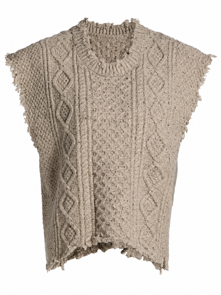 Beige Boxy Sleeveless Cable-Knit Sweater Vest with Diamond Motifs