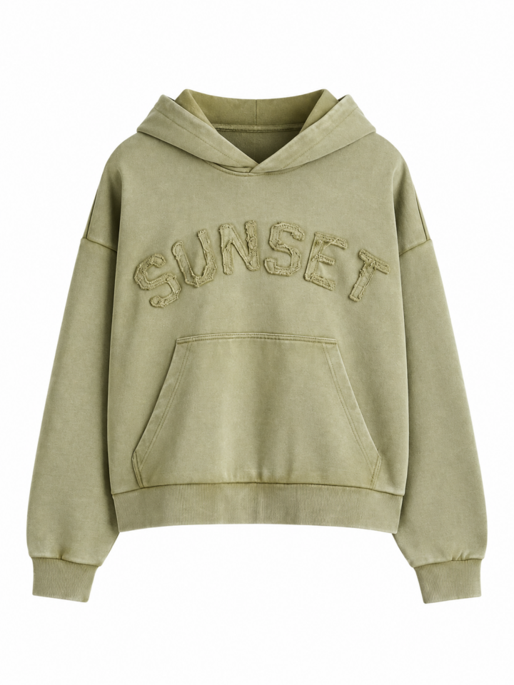 Sage Green Oversized Cropped Pullover Hoodie with SUNSET Applique