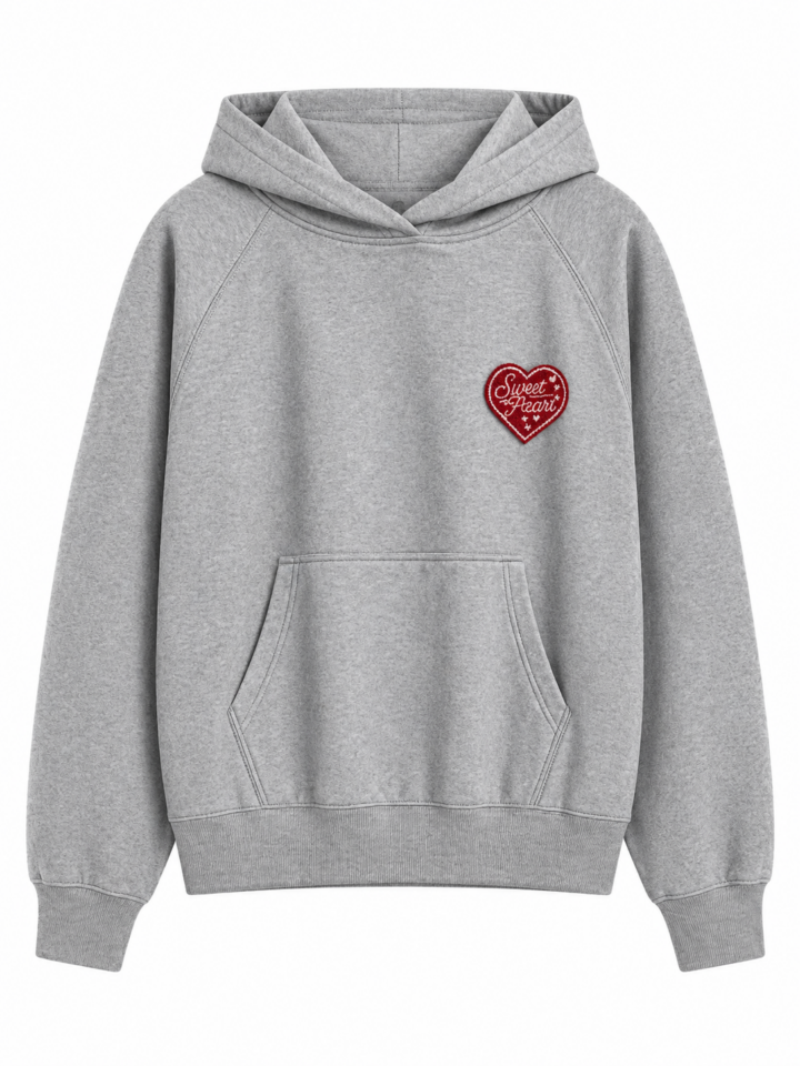 Heather Gray Oversized Pullover Hoodie with Heart Patch