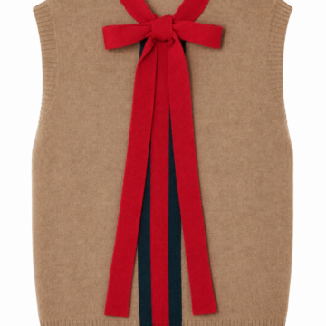 Camel Knit Sleeveless Sweater Vest with Red Bow Detail
