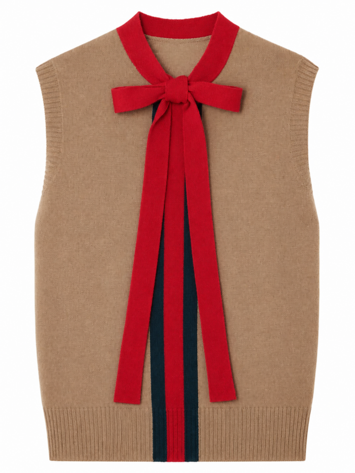 Camel Knit Sleeveless Sweater Vest with Red Bow Detail