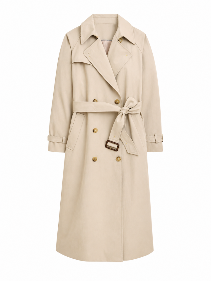 Light Beige Double-Breasted Trench Coat with Self-Tie Belt