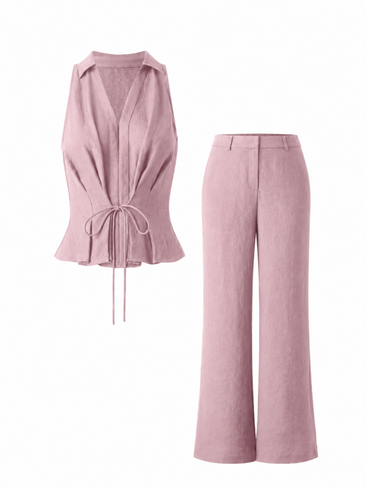 Dusty Rose Peplum Top and Wide-Leg Pants Two-Piece Set