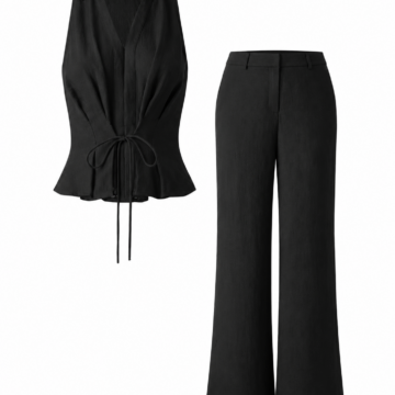 Black Collared Top and Wide-Leg Pants Two-Piece Set