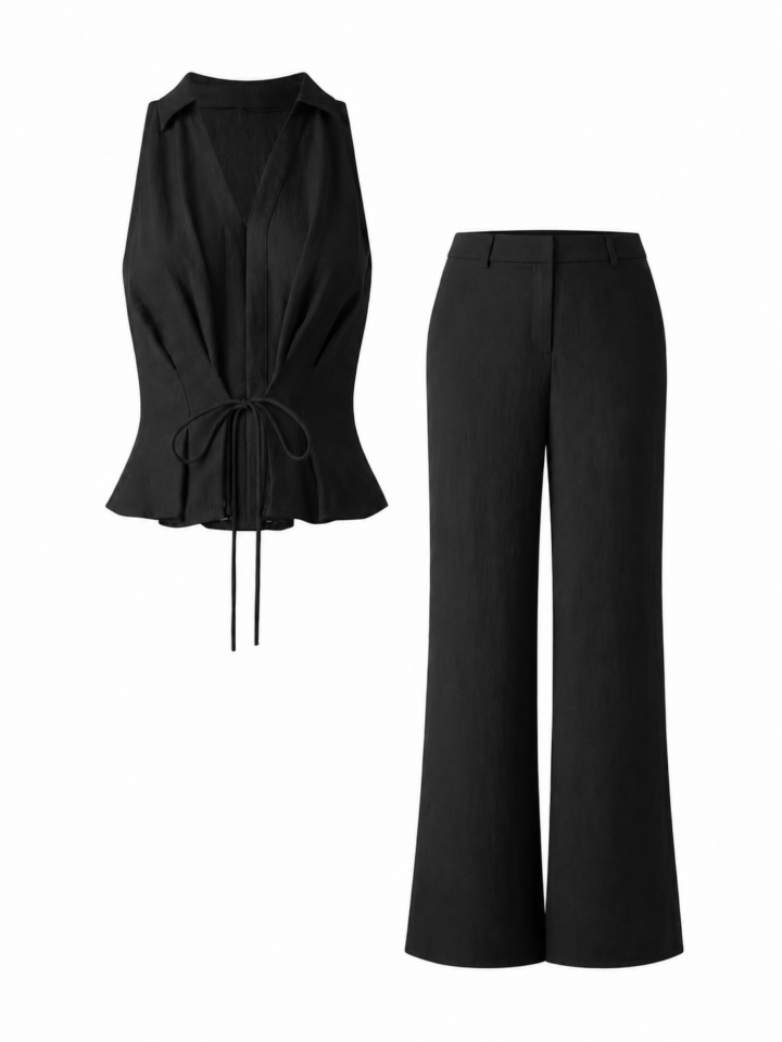 Black Collared Top and Wide-Leg Pants Two-Piece Set