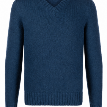 Dark Blue V-Neck Knit Sweater with Ribbed Details