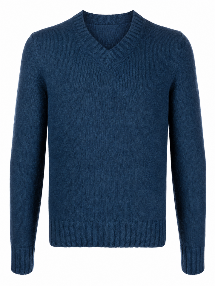 Dark Blue V-Neck Knit Sweater with Ribbed Details