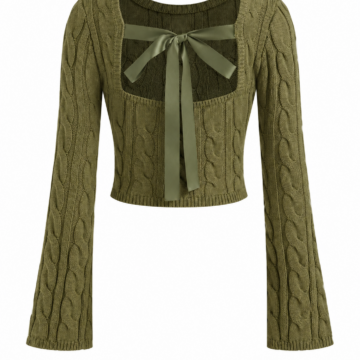 Olive Green Cropped Cable Knit Cardigan Top