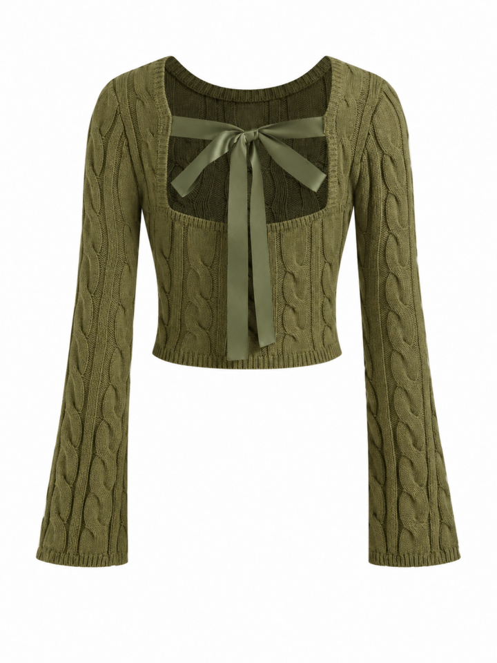 Olive Green Cropped Cable Knit Cardigan Top