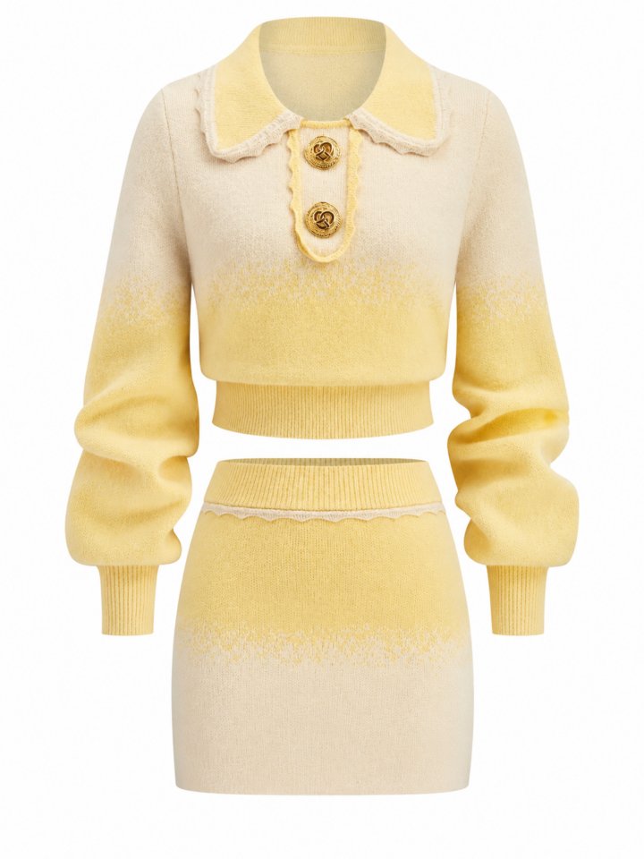 Yellow and Cream Ombre Knit Crop Top and Mini Skirt Set