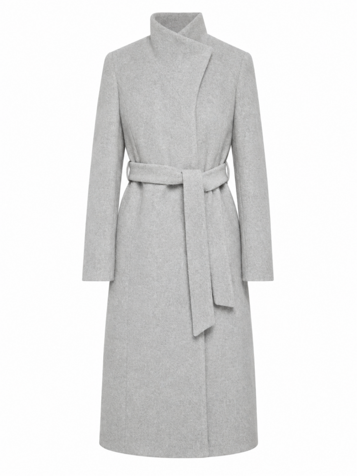 Light Heather Grey Wrap-Style Coat with Self-Tie Belt