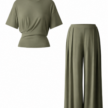 Sage Green Two-Piece Set with Cinched Waist Top and Pleated Wide-Leg Pants