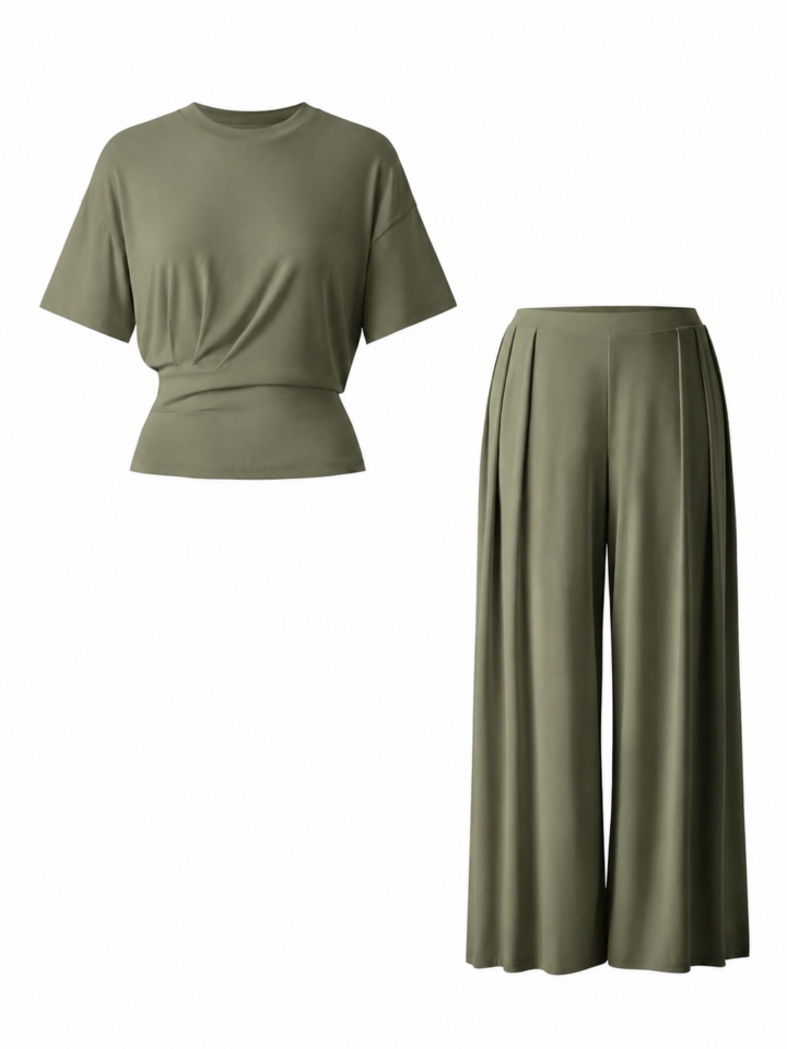 Sage Green Two-Piece Set with Cinched Waist Top and Pleated Wide-Leg Pants