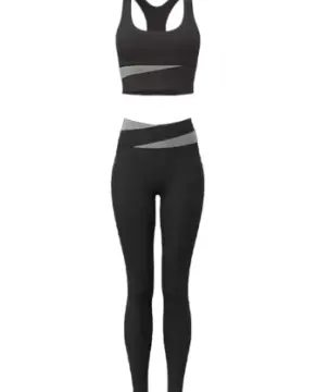 Black High-Waist Leggings and Sports Bra Set with Grey Stripe